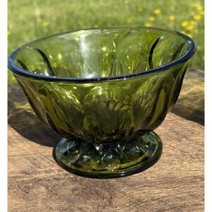 Vintage Anchor Hocking Glass Avocado Green Candy Dish Footed Pressed Mid Century